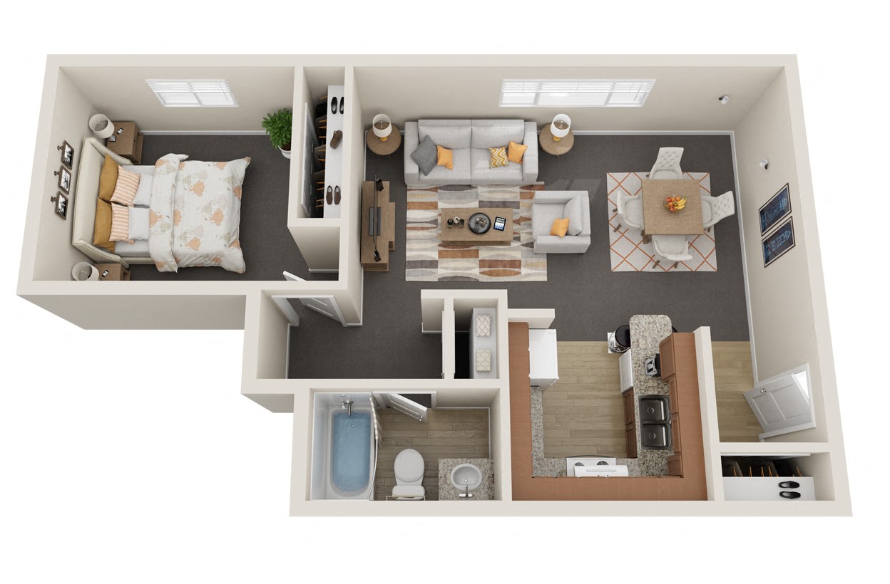 Floor plan for 1 bed, 1 bath, 645 sqft